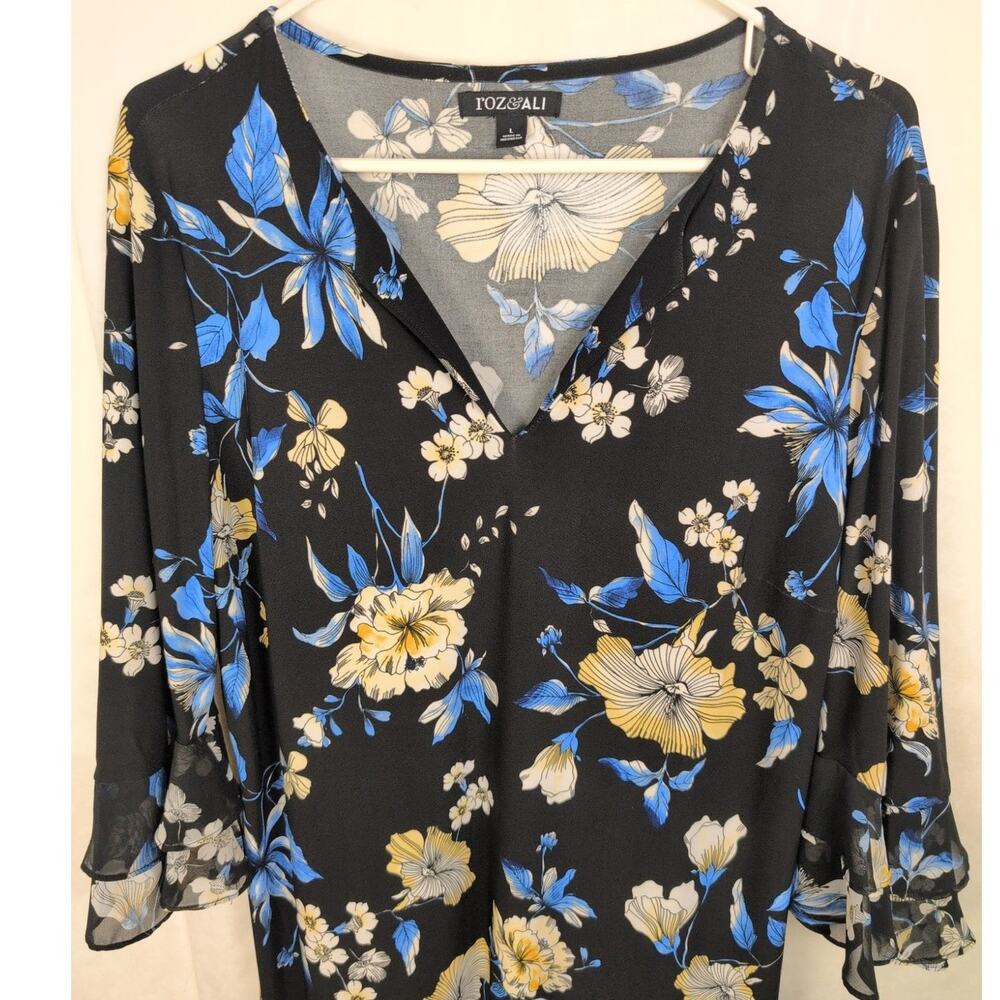 Roz and Ali black floral bell sleeve V-neck dress Size L Boho Feminine Garden - Picture 4 of 7